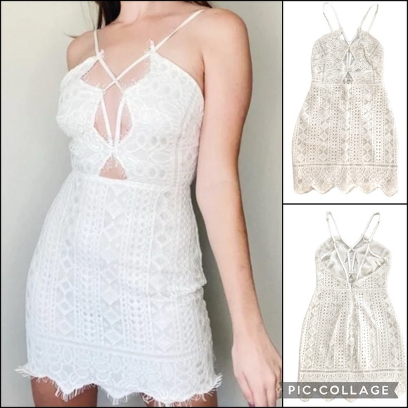 Storia White Crochet Floral Eyelash Lace Deep V Plunge Mini Dress - Picture 1 of 11